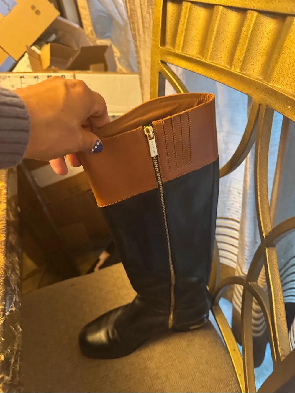 Micheal Kors Black and Tan Leather Fold-Over Boots-size 7